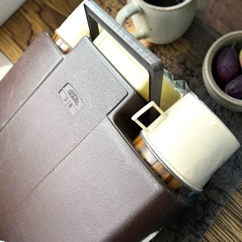 Vintage Thermos Set with Case Woodgrain Mid Century Picnic Thermos King Seeley